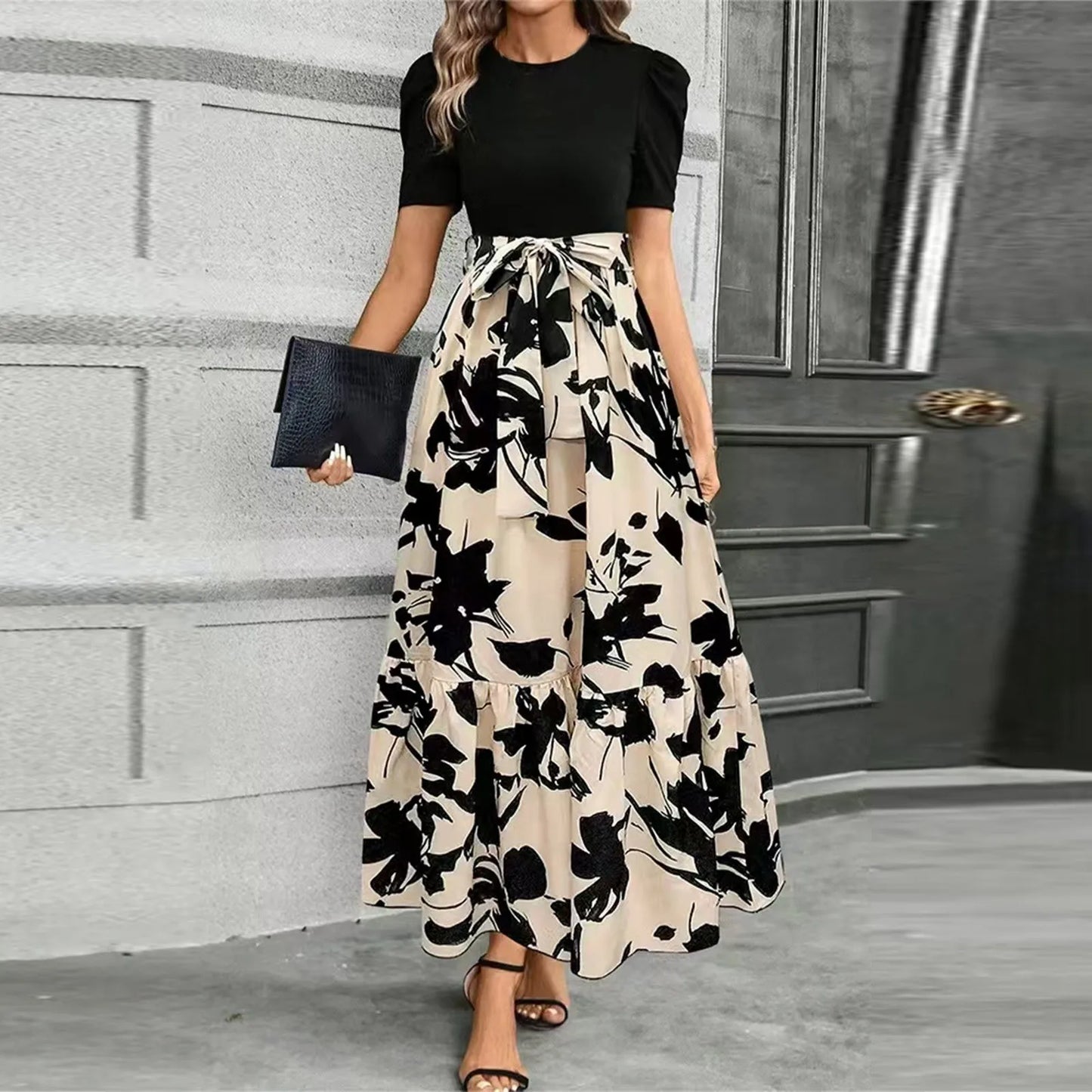 Women's High Waist Floral Print Short Sleeve Dress