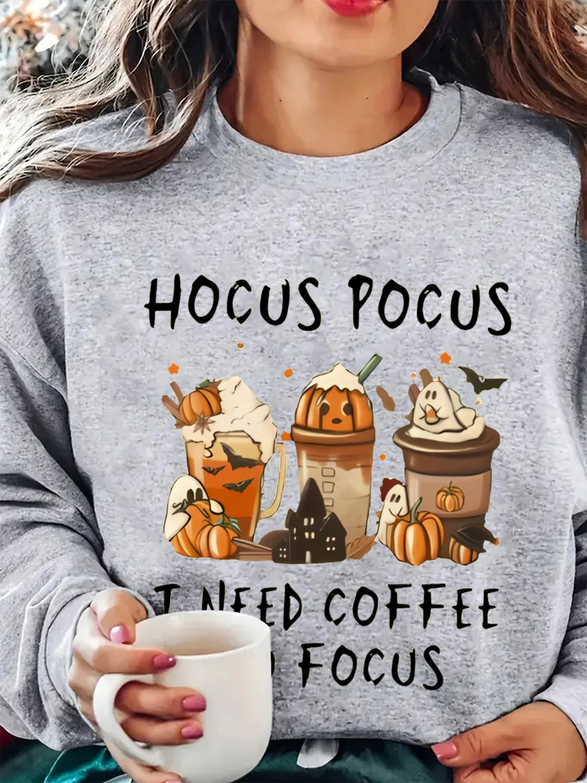 Pumpkin Coffee Fun Printed Pattern Women's Round Neck Sweatshirt