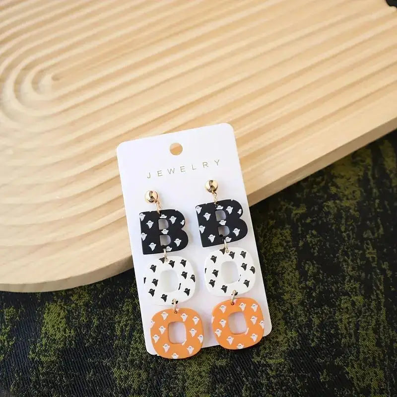 Creative Ghost Print BOO Halloween Acrylic Dangle Earrings for Women