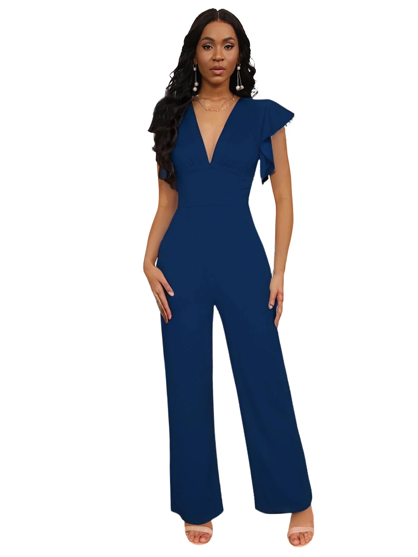 solid color dark V-neck women's jumpsuit