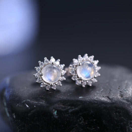 Women's Natural Rainbow Moonstone Halo Studs Earrings