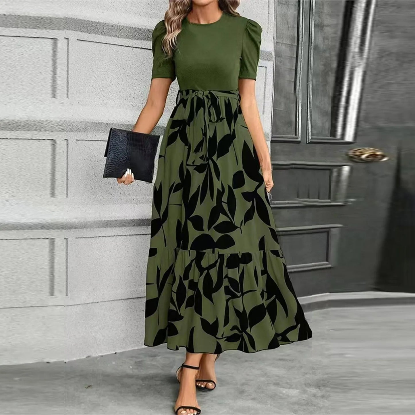 Women's High Waist Floral Print Short Sleeve Dress