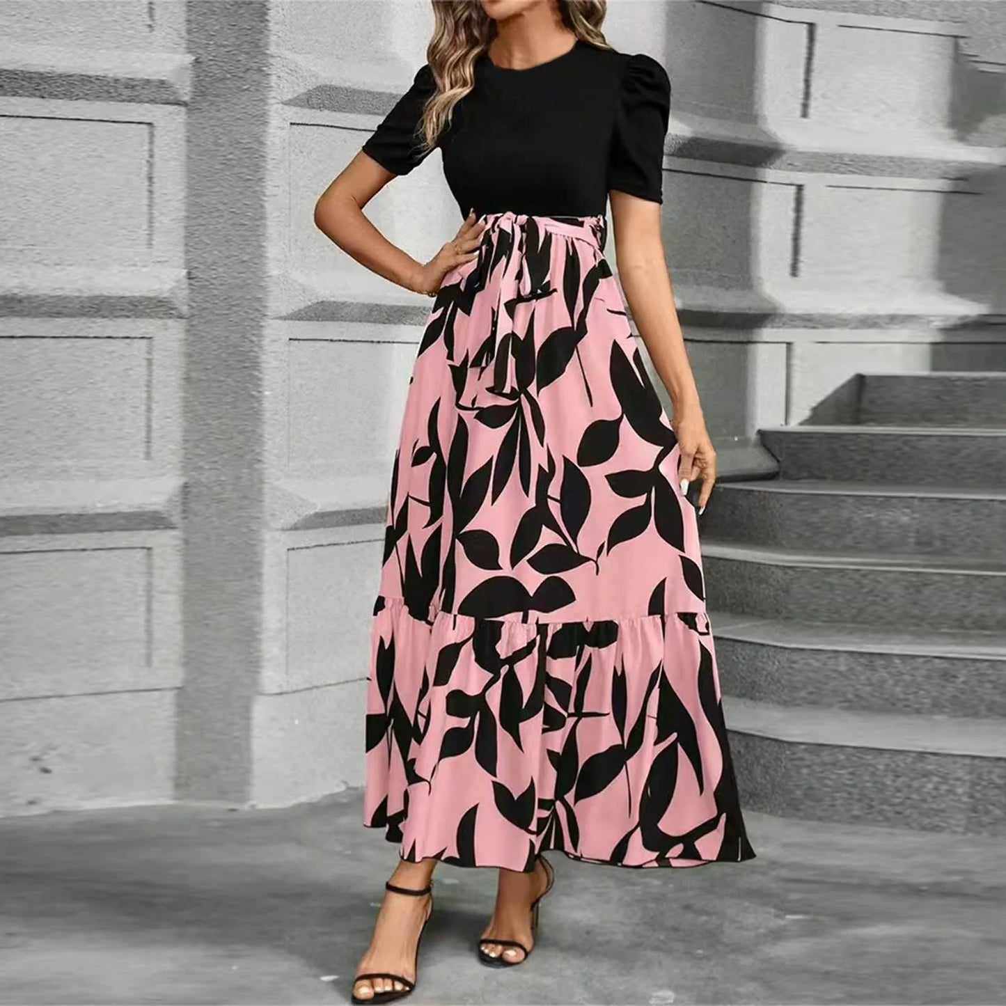 Women's High Waist Floral Print Short Sleeve Dress