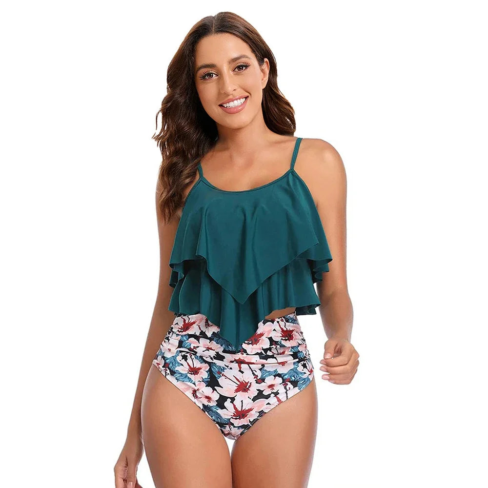 Women's Ruffled Tankini High Waisted Set