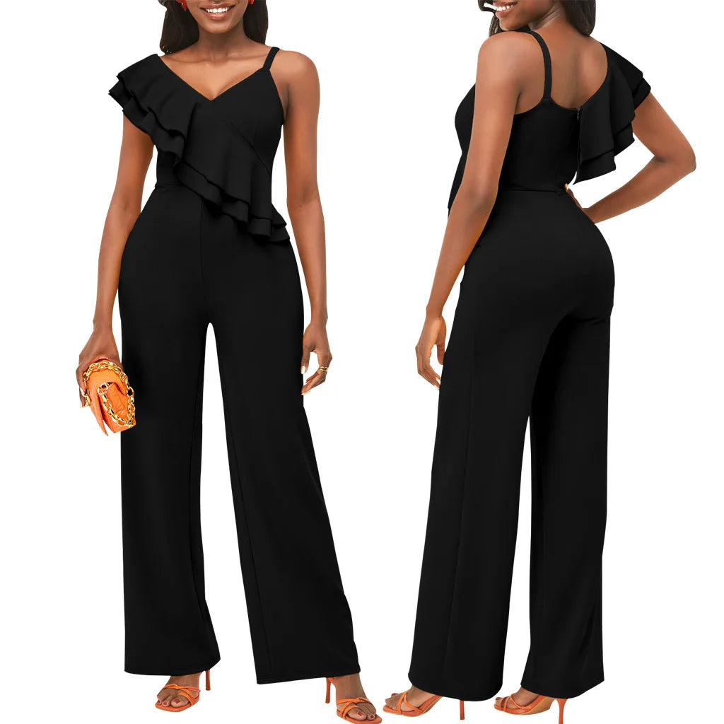 solid color shoulder strap V-neck women's jumpsuit