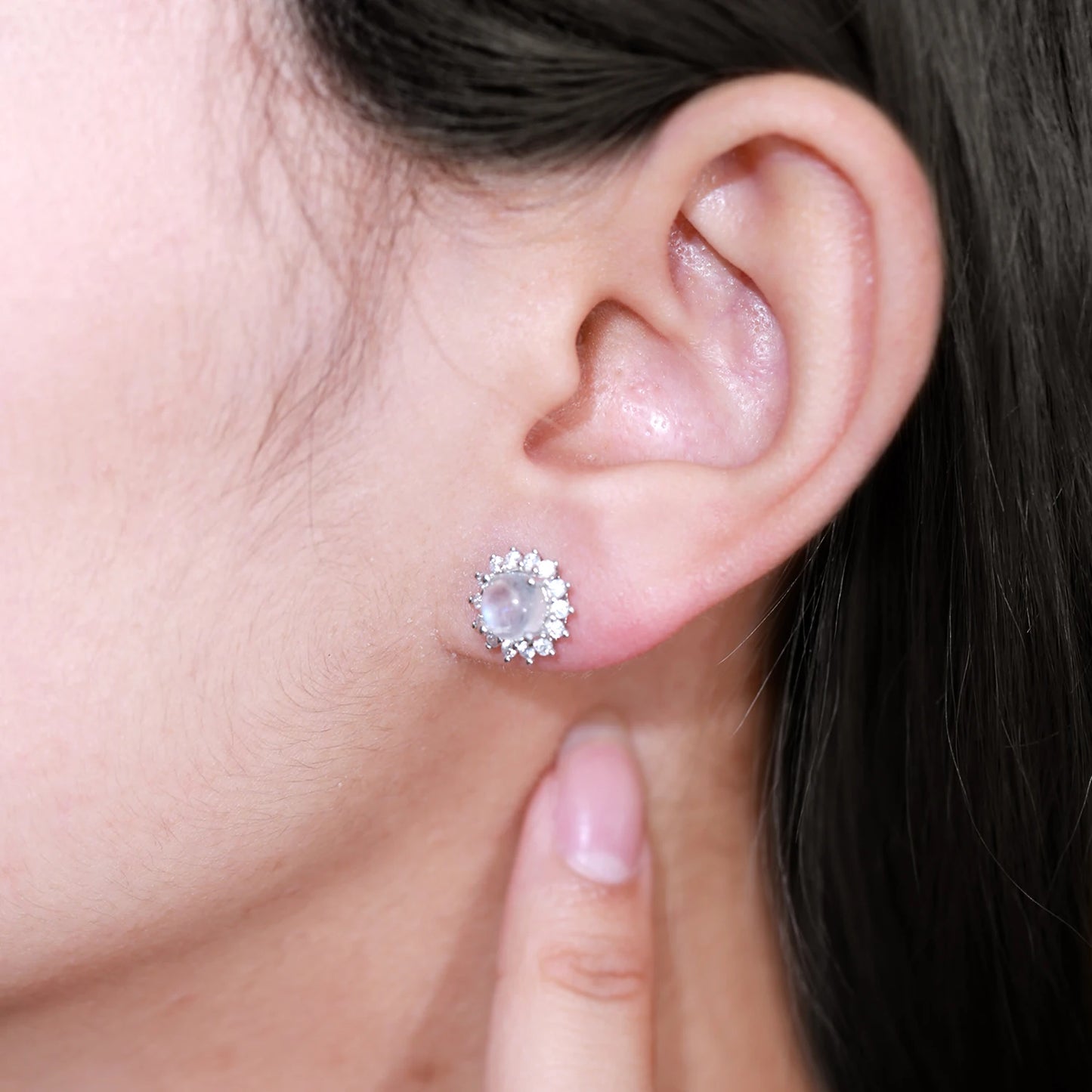 Women's Natural Rainbow Moonstone Halo Studs Earrings