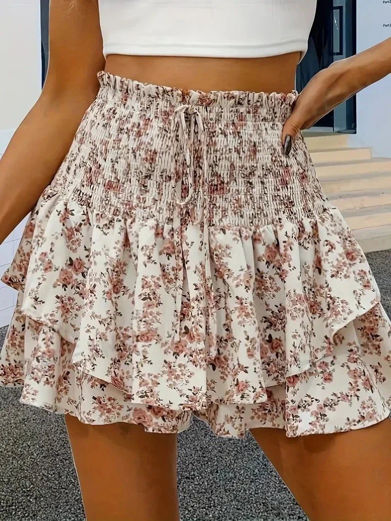 Women's Floral Print Elastic Waist Layered Hem Shorts