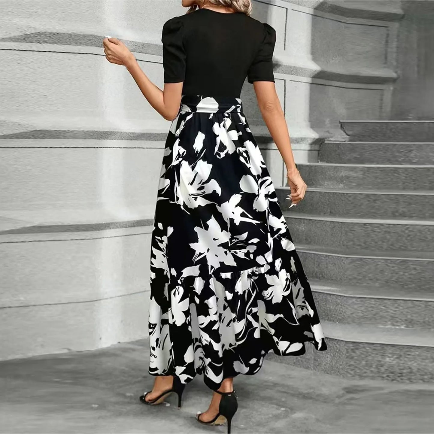 Women's High Waist Floral Print Short Sleeve Dress