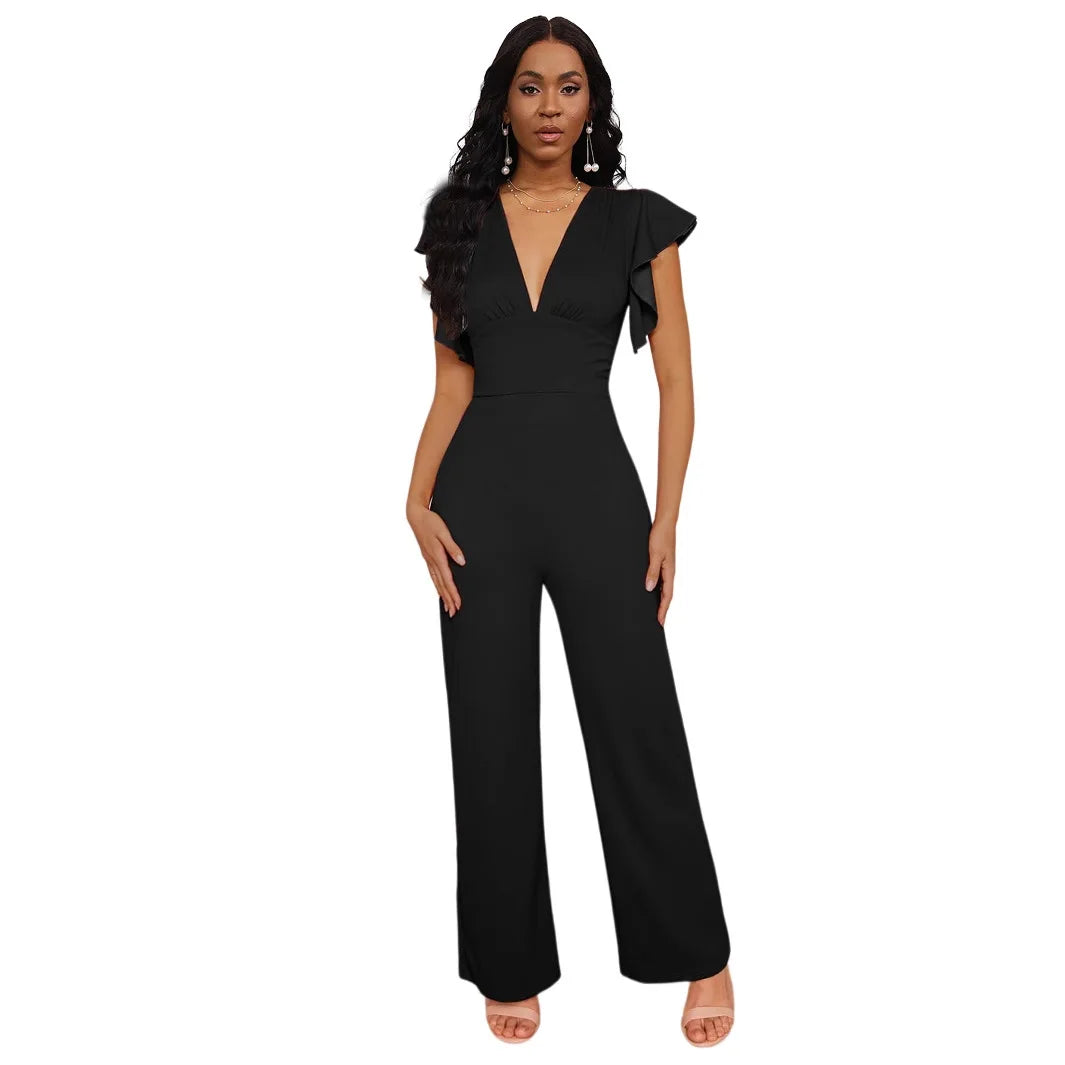 solid color dark V-neck women's jumpsuit