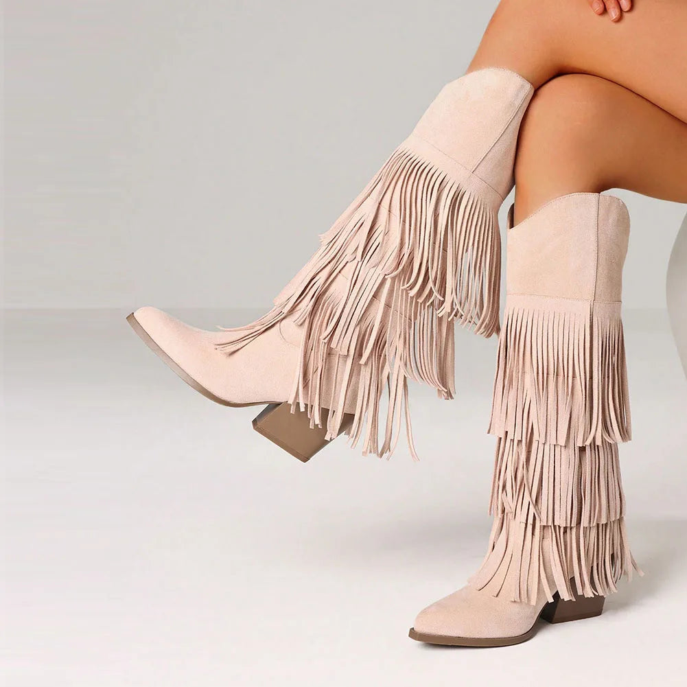 Women's Retro Fringe Knee High Pointed Toe Cowboy Boots