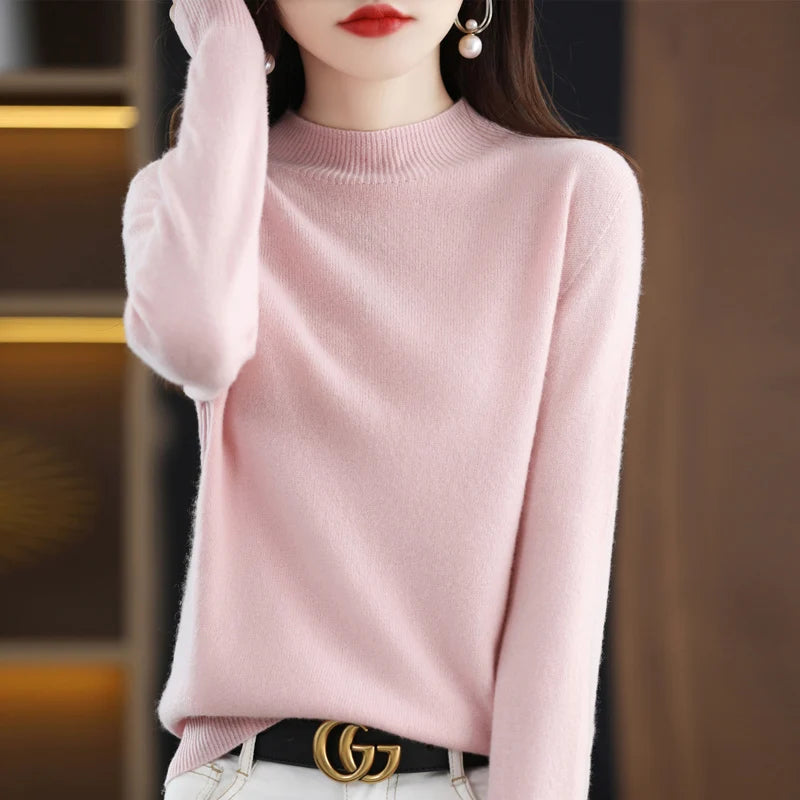Women's Casual 100% Pure Wool Half-neck Pullover Cashmere Sweater