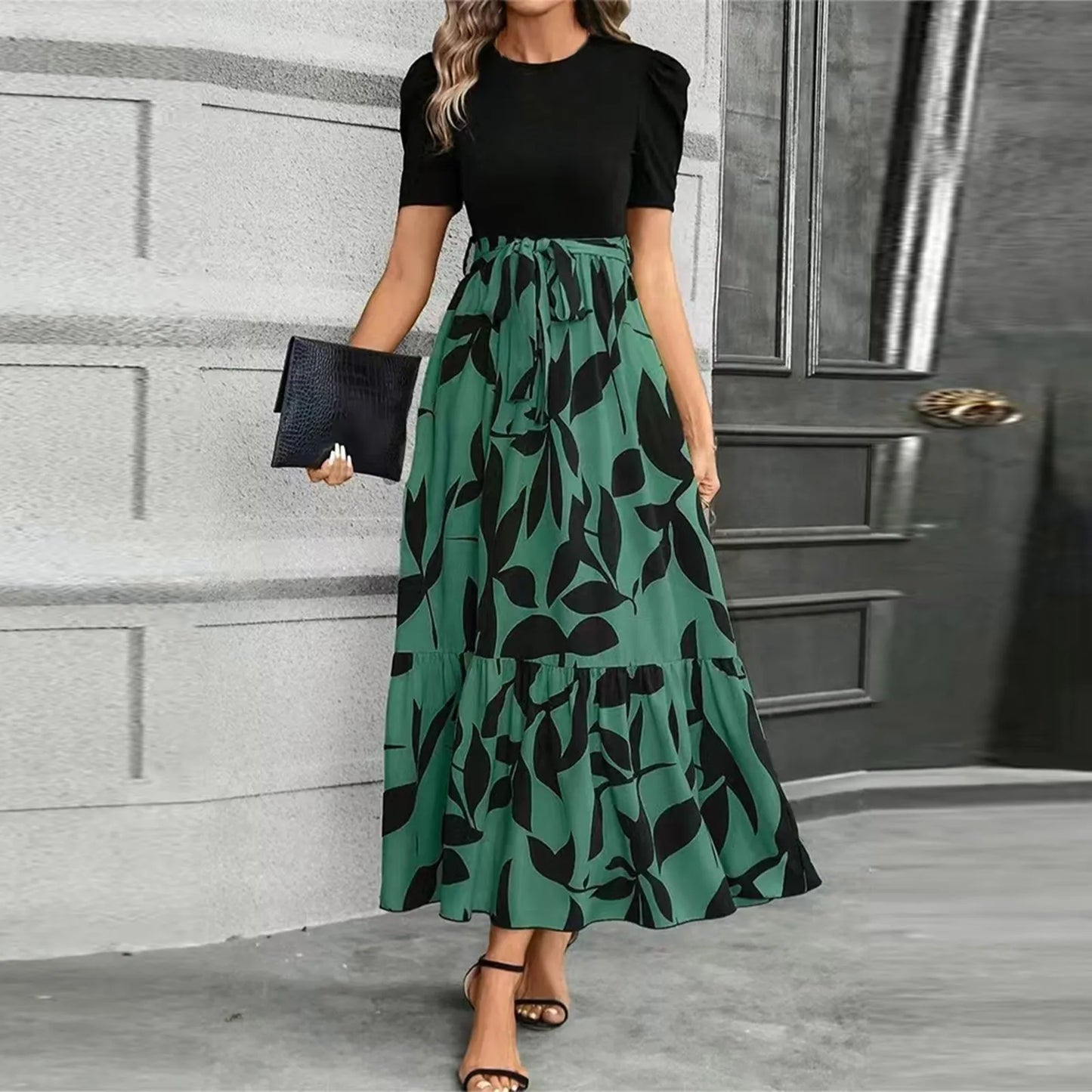 Women's High Waist Floral Print Short Sleeve Dress