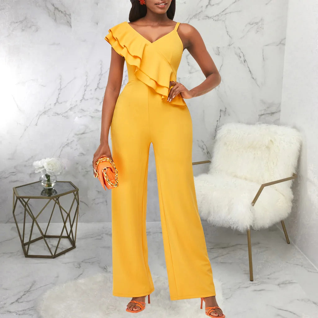 solid color shoulder strap V-neck women's jumpsuit