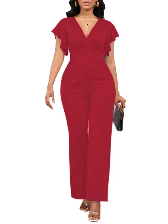 solid color dark V-neck women's jumpsuit