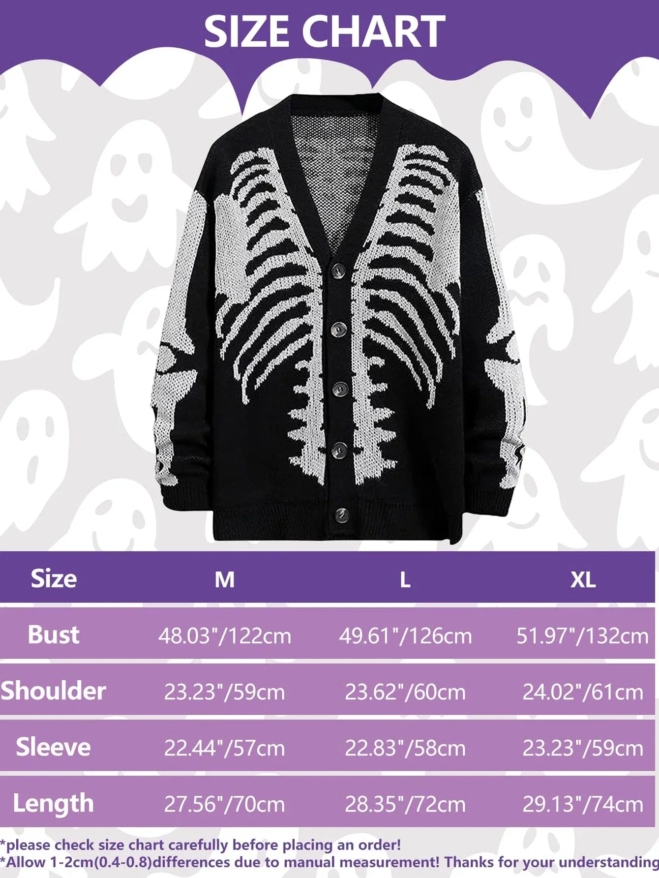 Unisex Skeleton Pattern Cardigan with V Neck for Halloween