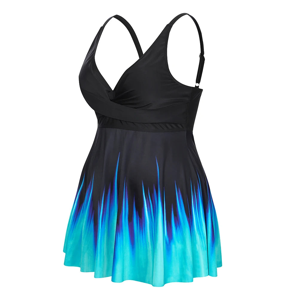 Plus Size Women's Printed Strappy Padded Swimdress + Hot Shorts Sets