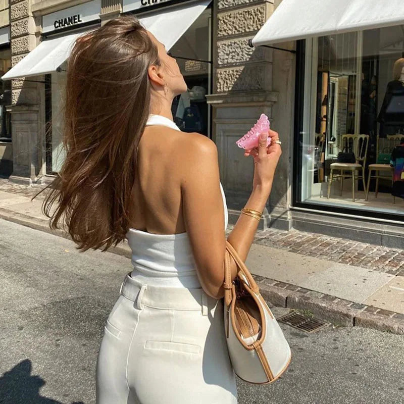 Women's White Halter Backless Tank Tops