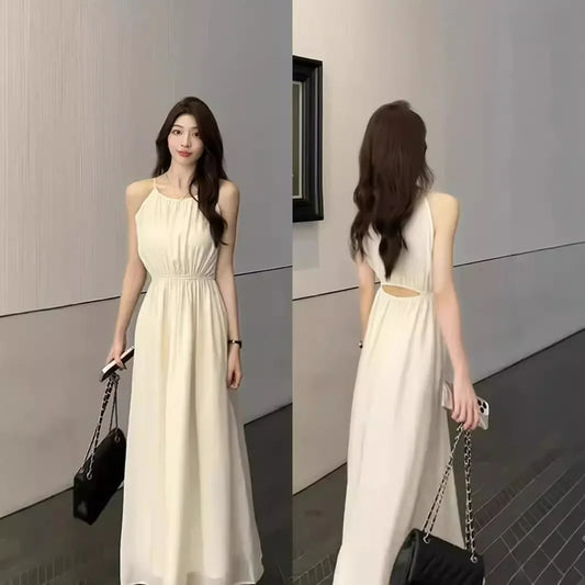Women's Elegant Halter Neck Off-The-Shoulder Hollow Waist Fitted Tank Dress
