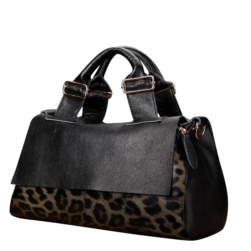 Fashionable Leopard Print Women's Cowhide Handbag