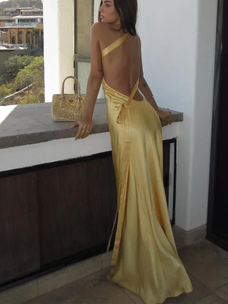 Women's Backless Yellow Satin Lace Up Dress