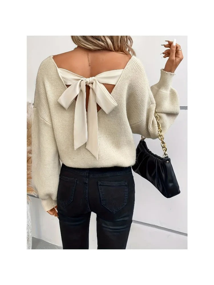 Women's V-neck Solid Color Long-Sleeve Relaxed-Fit Bow Top Sweater