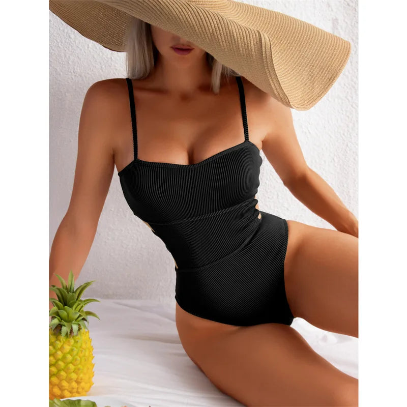Women's One Piece Solid Swimwear with Side Cut-outs
