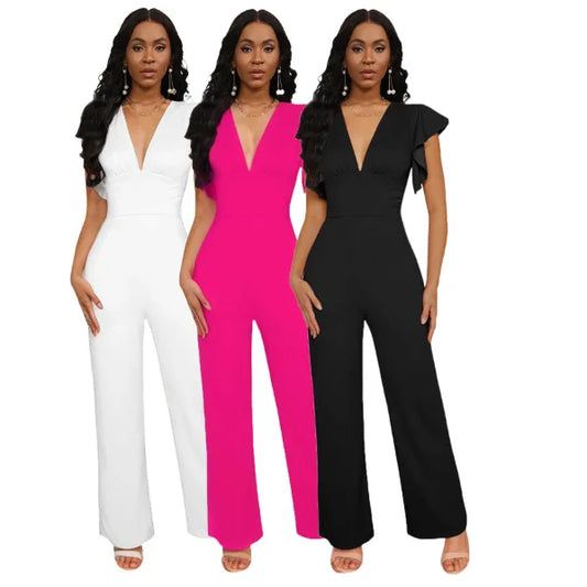 solid color dark V-neck women's jumpsuit