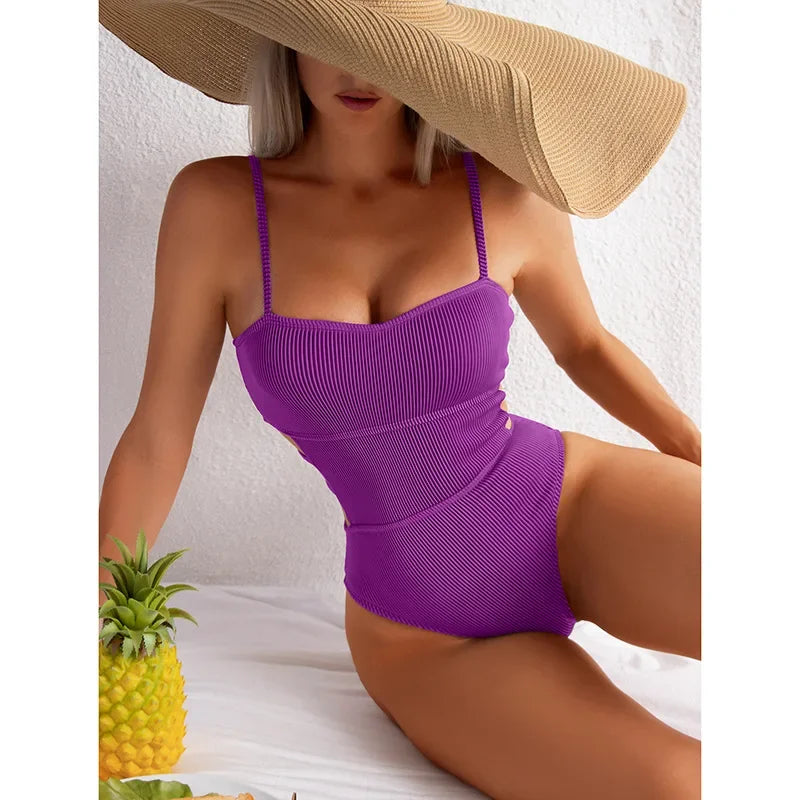 Women's One Piece Solid Swimwear with Side Cut-outs