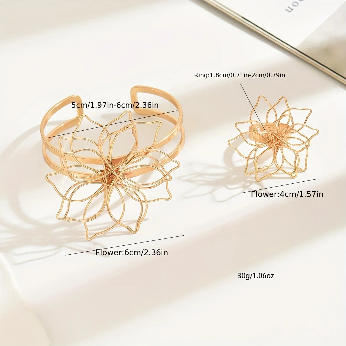Women's Jewelry Set: Geometric Lattice Flower Ring and Bracelet