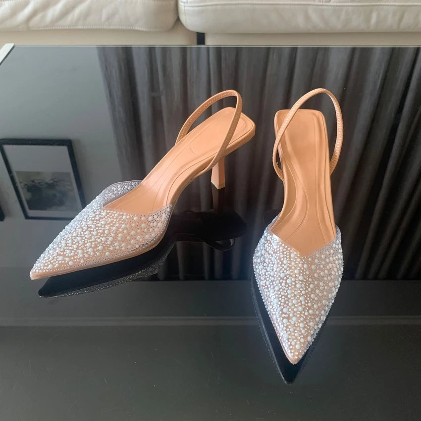 Women Slingback High Heels with Pearl Decoration