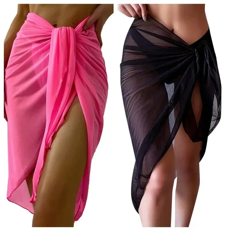 Summer Beach Sheer Wrap Knot Waist Swimsuit Cover Up Skirt