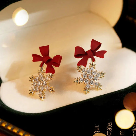 Red Bow Knot Snowflakes Drop Earring for Women
