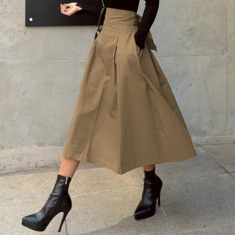 Women's High Waist Solid Skirt with Bow