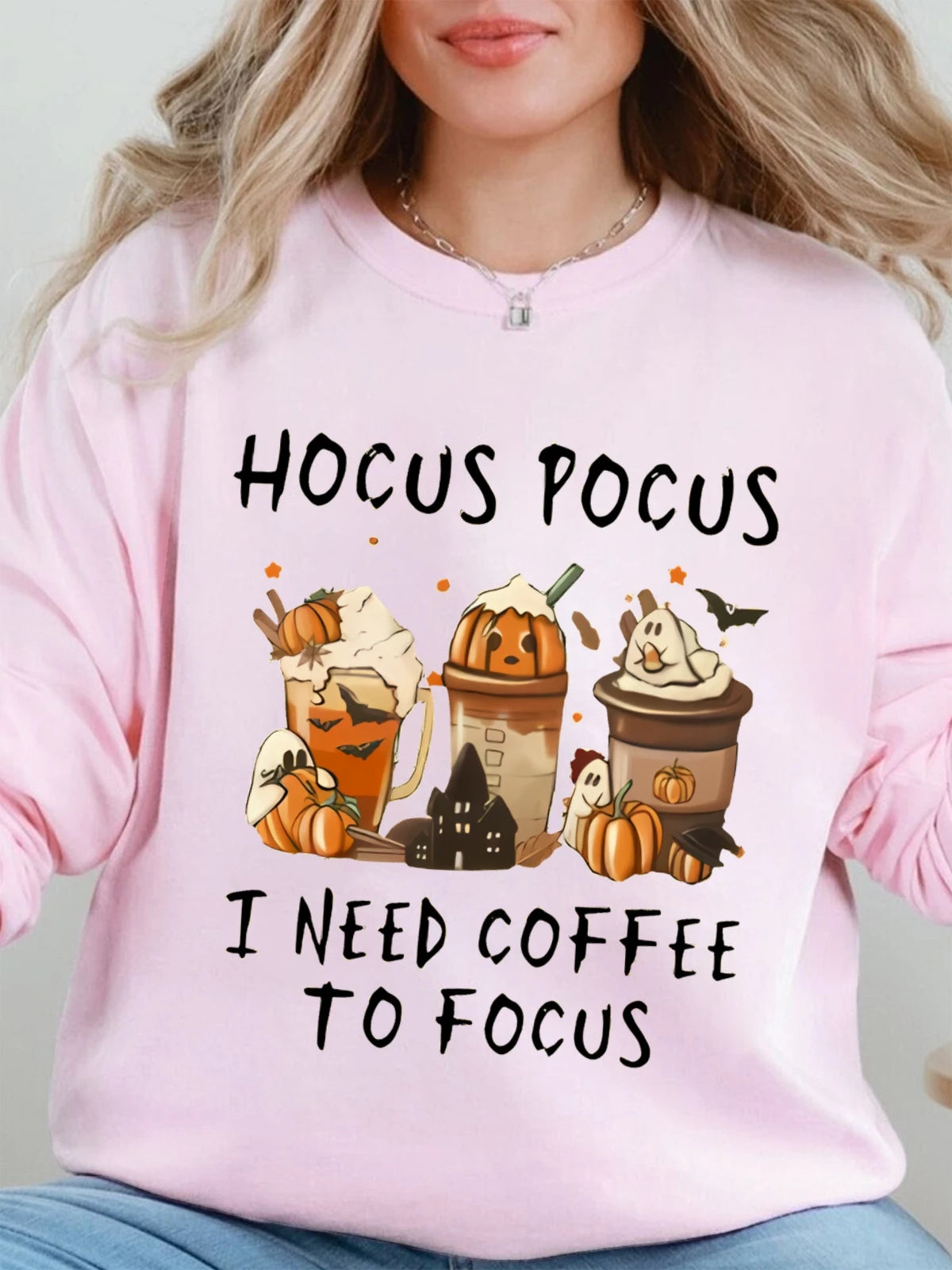 Pumpkin Coffee Fun Printed Pattern Women's Round Neck Sweatshirt
