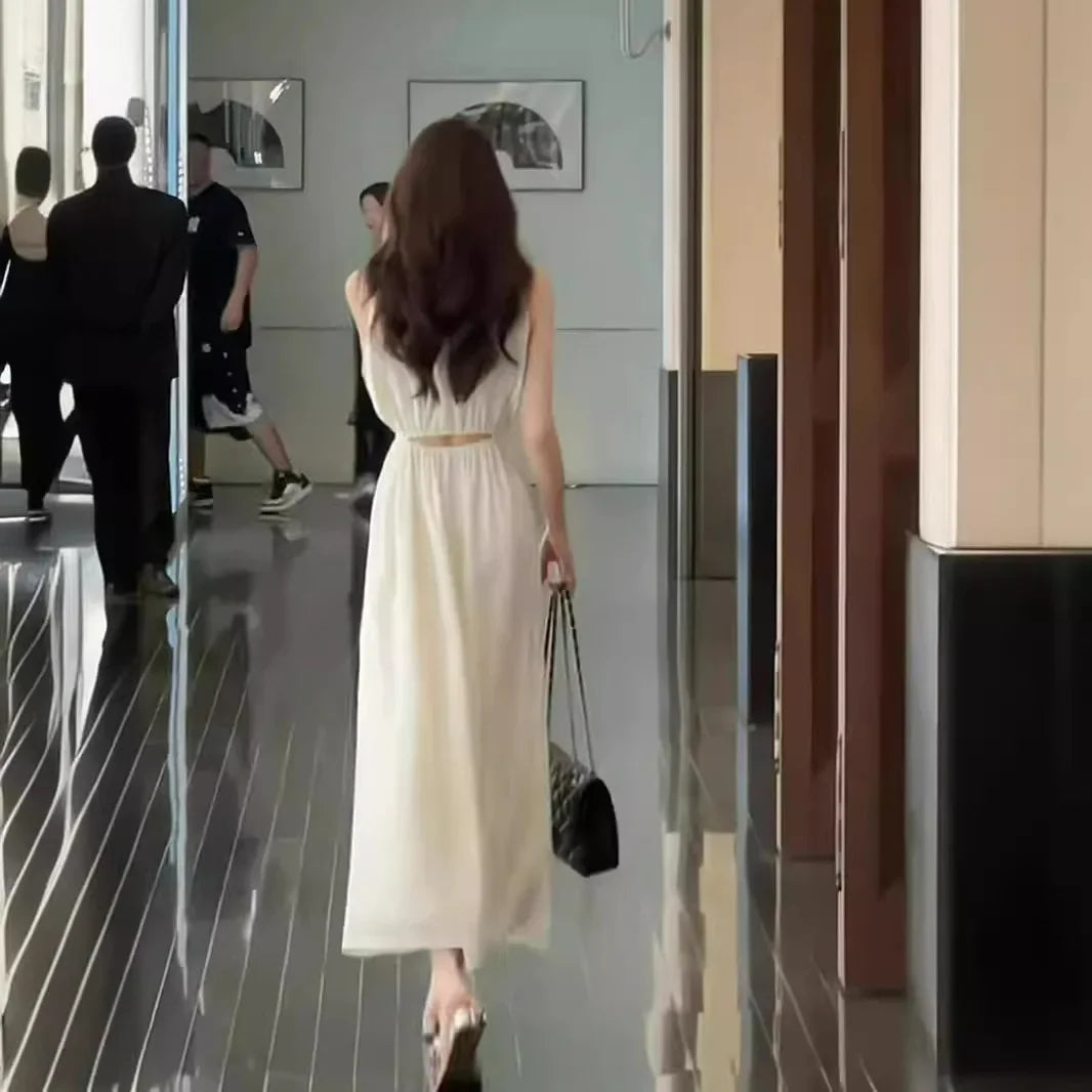 Women's Elegant Halter Neck Off-The-Shoulder Hollow Waist Fitted Tank Dress