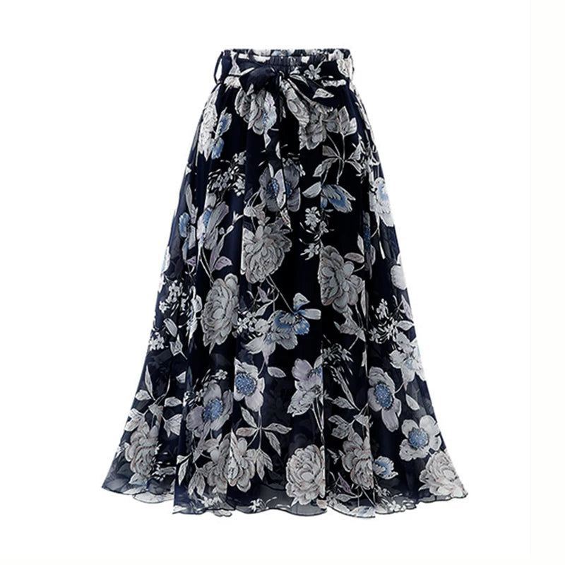Women's Plus Size Chiffon Loose Elastic Waist Floral Print Skirt