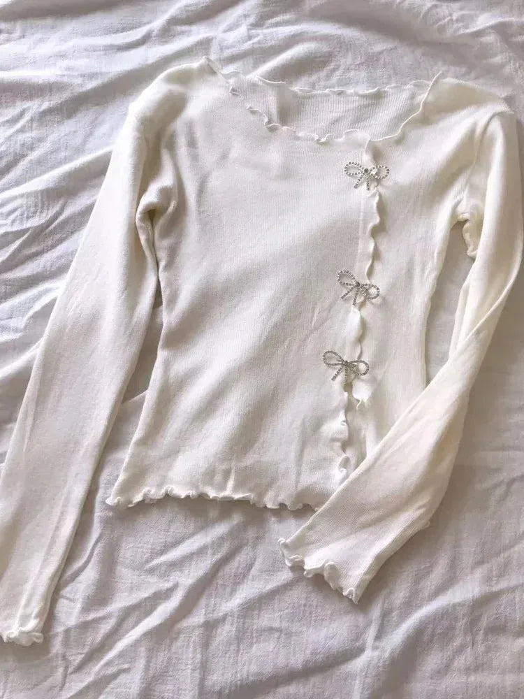 Black/White Solid Lettuce Trim Bowknot Pullover Sweater for Women