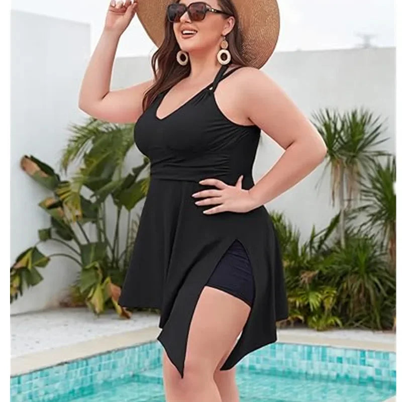Women Plus Size Swimwear Two Piece Swimdress with Neck Halter
