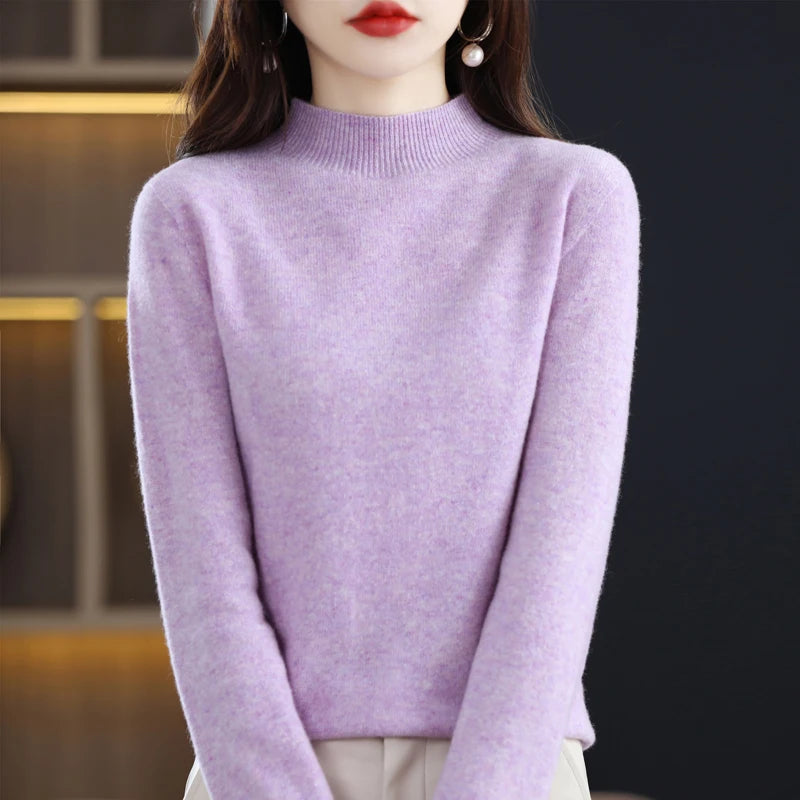 Women's Casual 100% Pure Wool Half-neck Pullover Cashmere Sweater