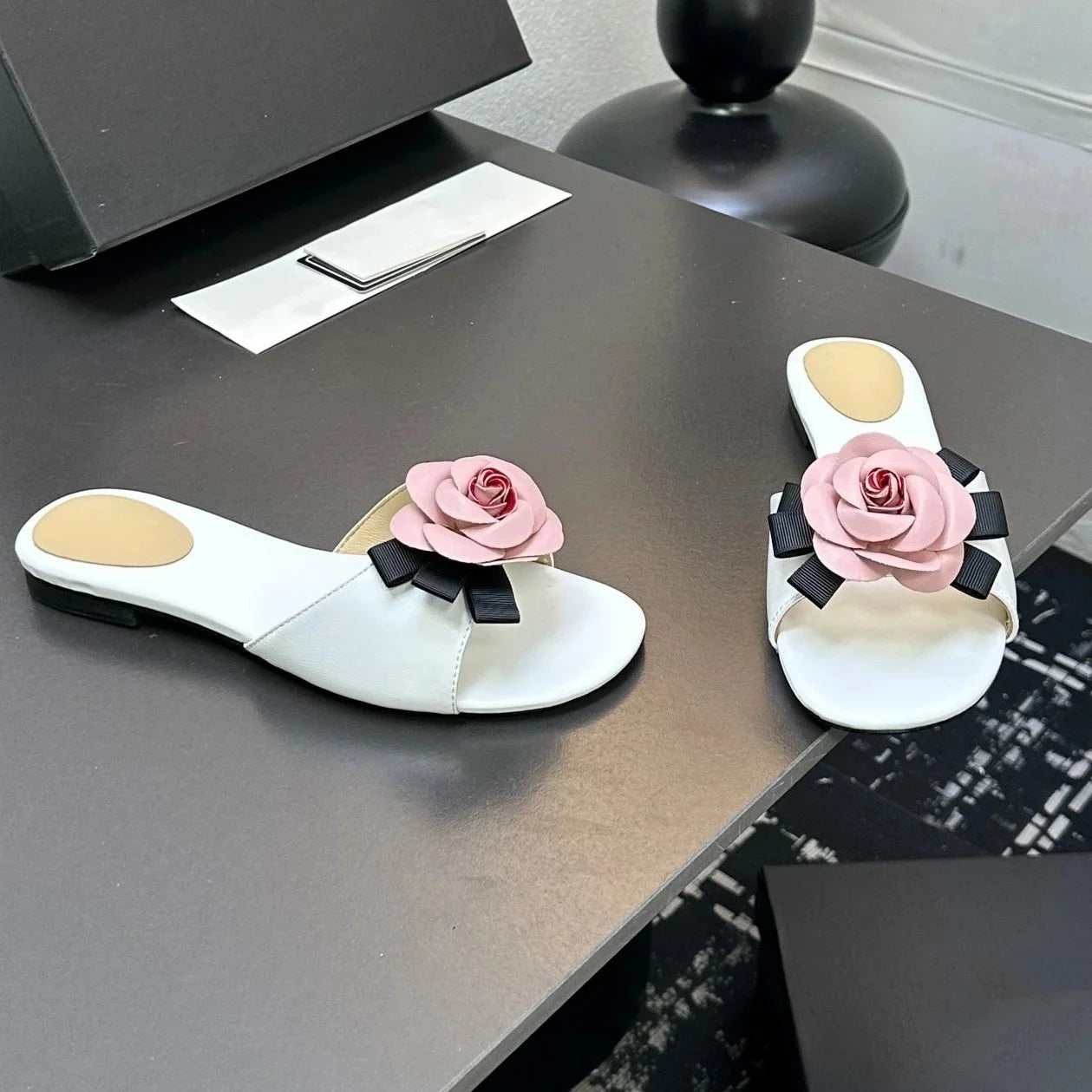 Genuine Leather Open-Toe Flat Heel Woman Slippers