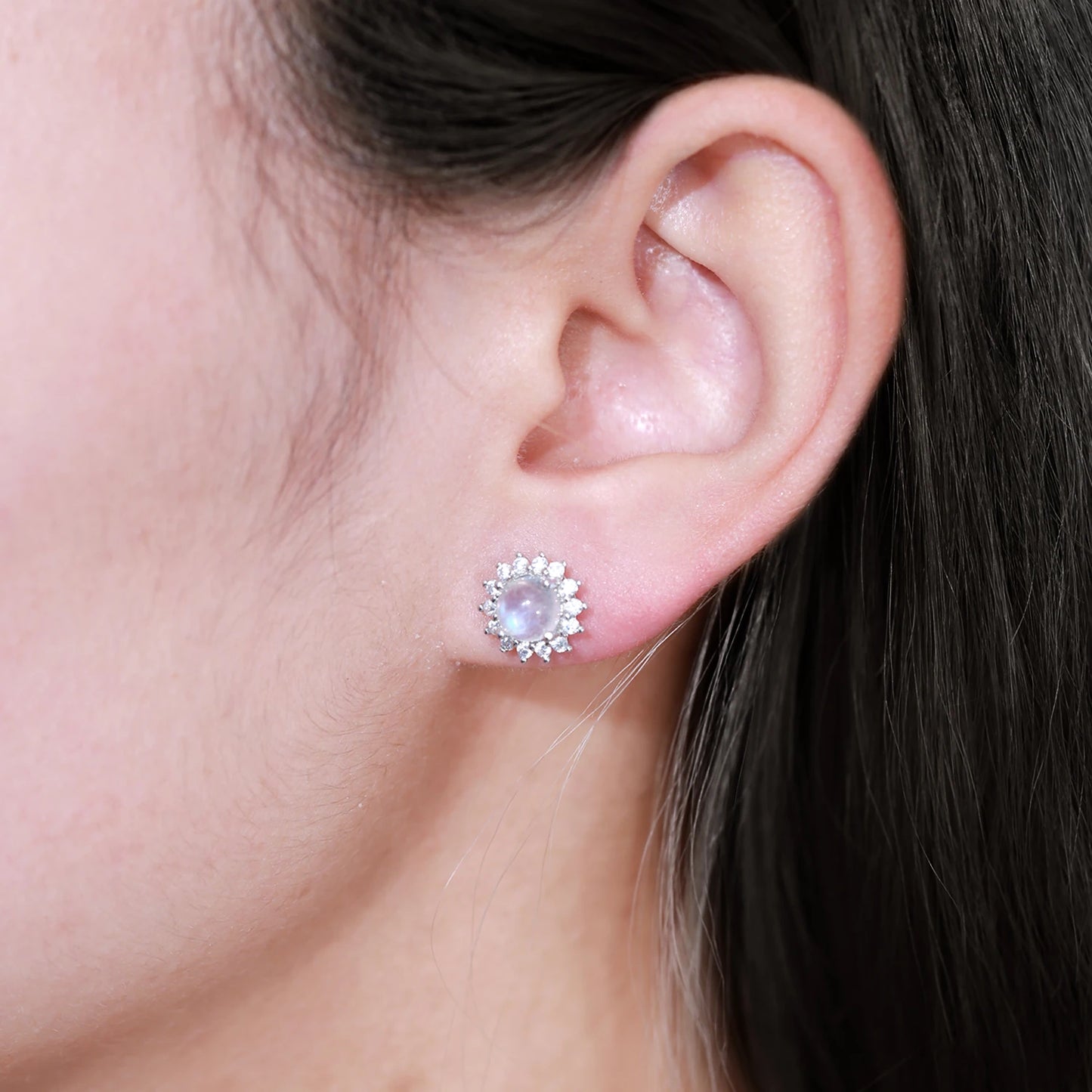 Women's Natural Rainbow Moonstone Halo Studs Earrings