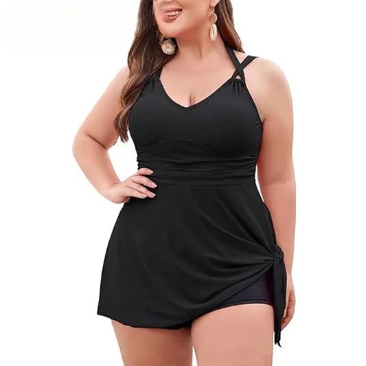 Women Plus Size Swimwear Two Piece Swimdress with Neck Halter
