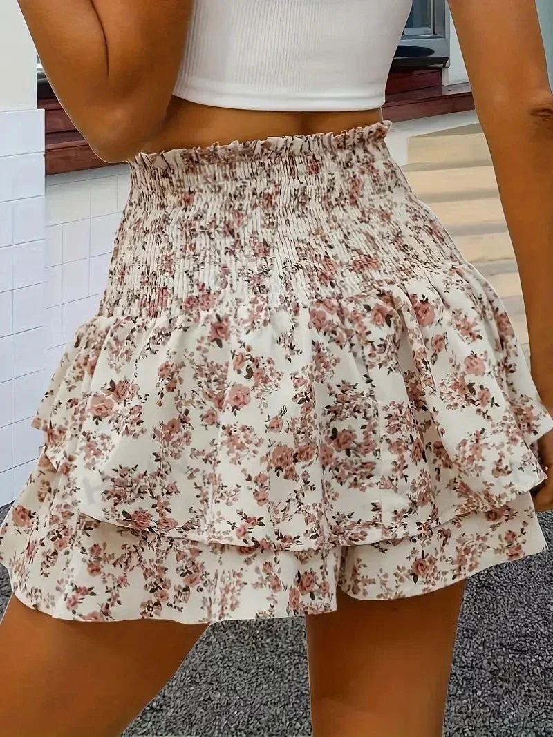 Women's Floral Print Elastic Waist Layered Hem Shorts