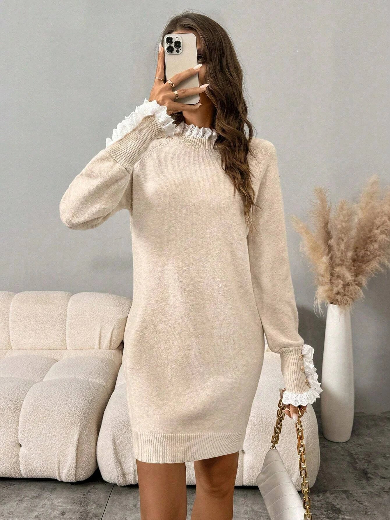 Women's Lace Splicing Half High Neck Sweater Dress
