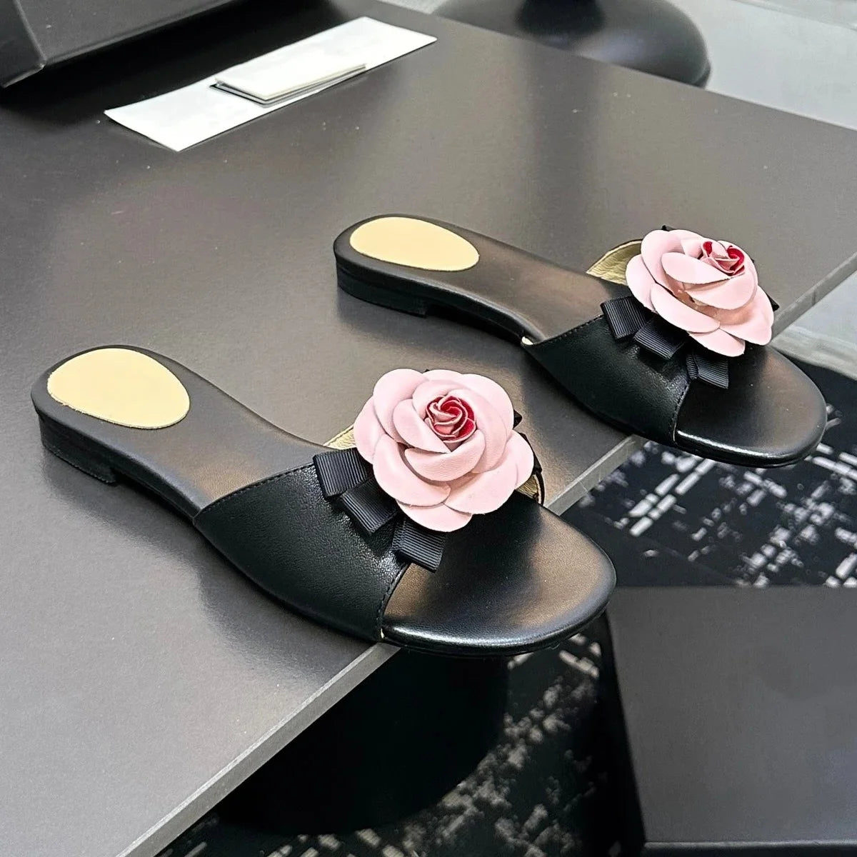 Genuine Leather Open-Toe Flat Heel Woman Slippers