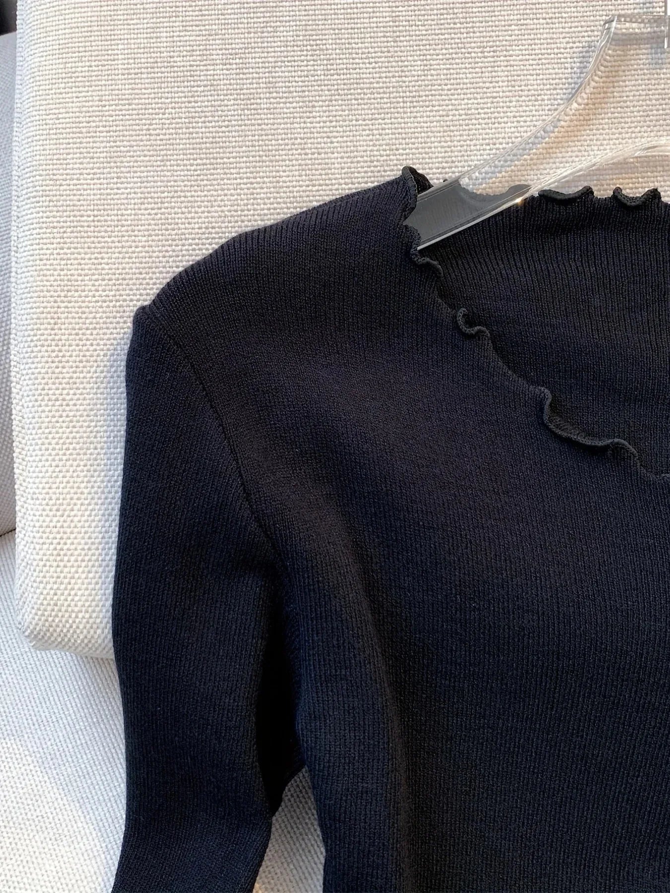 Black/White Solid Lettuce Trim Bowknot Pullover Sweater for Women