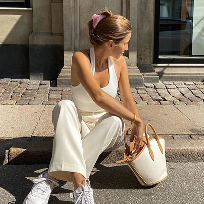 Women's White Halter Backless Tank Tops