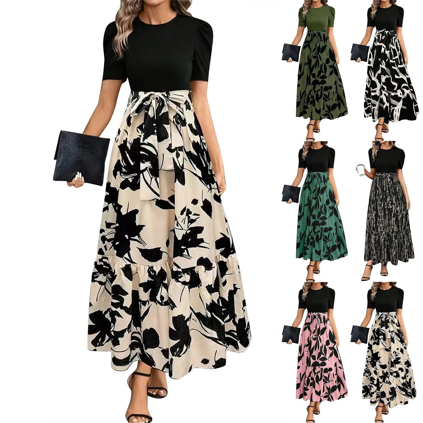 Women's High Waist Floral Print Short Sleeve Dress