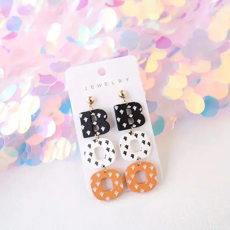 Creative Ghost Print BOO Halloween Acrylic Dangle Earrings for Women