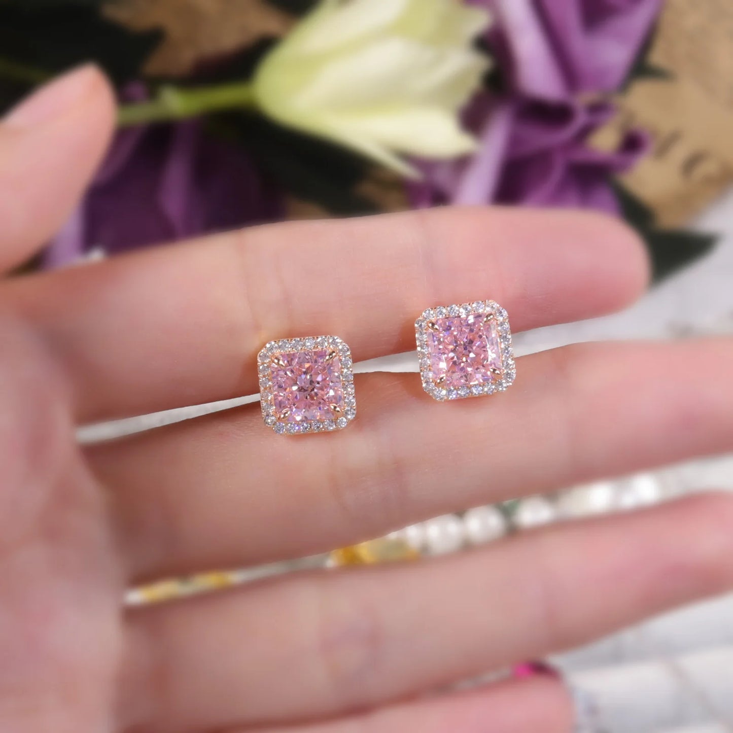 Women's Sterling Silver Pink Halo Earrings
